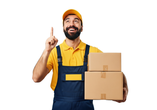 Happy delivery man holding packages and pointing up isolated on a transparent background
