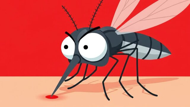 Cartoon mosquito sucking blood from human skin