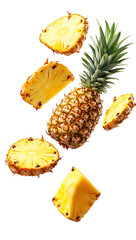flying pineapple slices isolated on transparent white background, clipping path