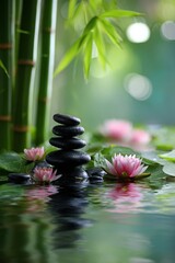zen stones on a background of water and bamboo and lotus flowers. Generative AI,