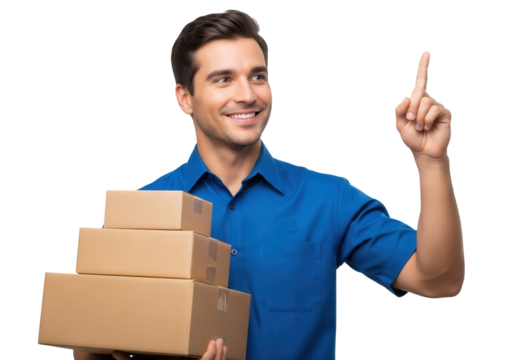 Happy delivery man holding packages and pointing up isolated on a transparent background

 - Powered by Adobe