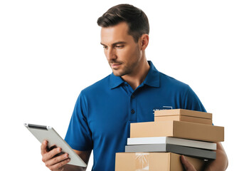 Focused delivery man with packages and tablet isolated on a transparent background