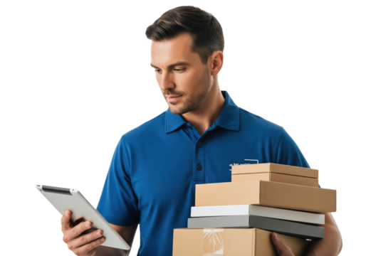 Focused delivery man with packages and tablet isolated on a transparent background

