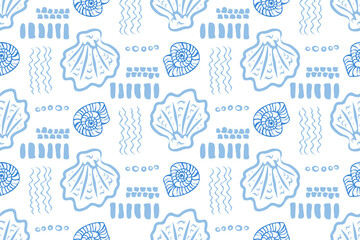 Retro seamless marine pattern with blue shells and abstract sea waves. Vintage geometric pattern of shells