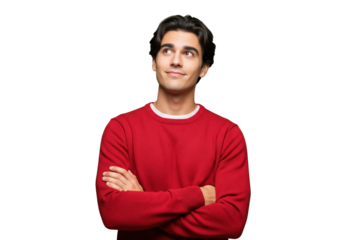 Optimistic man looking up with a happy smile isolated on a transparent background

