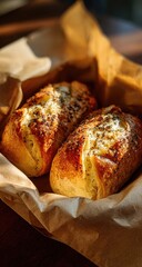 Two golden-brown, seeded rolls, nestled in a brown paper container, backlit