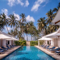 Fototapeta premium Luxury Resort Poolside with Palm Trees and Clear Blue Sky Atmosphere
