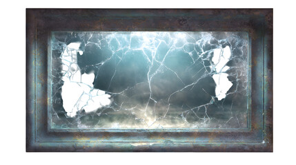 Broken window with stormy sky, isolated on transparent background