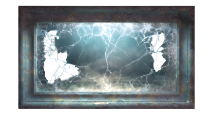 Broken window with stormy sky, isolated on transparent background