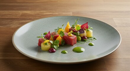 Tuna Cube Salad on Plate with Herbs and Colorful Garnishes