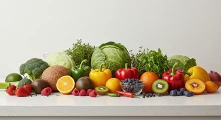 Colorful Assortment of Fresh Vegetables and Fruits on Table