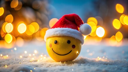 A closeup of a smiling christmas ornament with a santa hat, set against a soft, glowing bokeh background of warm lights and snow