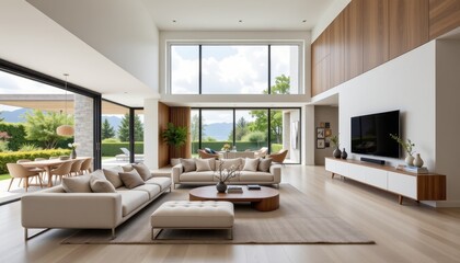 Fototapeta premium the open plan concept allows modern decor to showcase clean lines and neutral palettes by creating large airy spaces where natural light flows freely and furniture is arranged with simplicity.