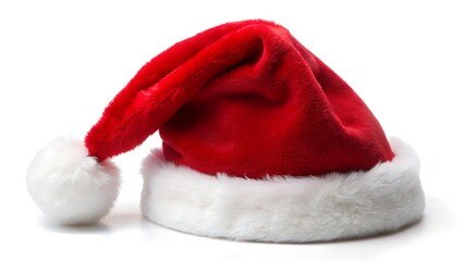 A classic red santa claus hat with a fluffy white trim and pompom, isolated on a white background, symbolizing the festive spirit of christmas and holiday celebrations