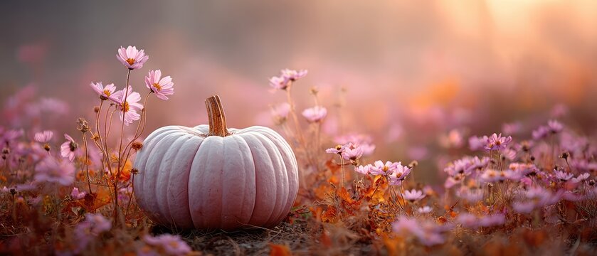 Pastel pumpkin amidst a field of wildflowers at sunrise.  Soft light bathes a pale pink pumpkin nestled amongst a carpet of delicate pink flowers, with warm autumnal tones in the background