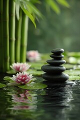 zen stones on a background of water and bamboo and lotus flowers. Generative AI,