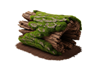 A solitary, decaying dark brown tree log fragment, one foot, covered in vibrant emerald green moss, resting on rich soil particles, isolated on transparent with copy space under shadowless studio
