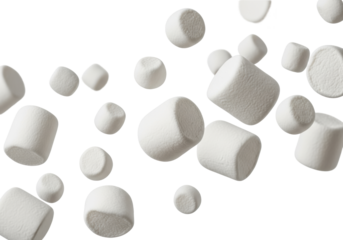 White fluffy marshmallows of various sizes, soft and porous, in freefall with motion blur and sharp focus against a transparent background with copy space, dynamic confectionery concept