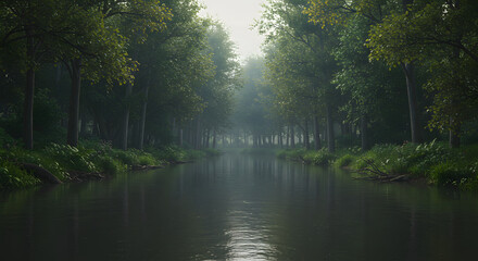 Serene Forest Stream Surrounded by Green Trees with Misty Atmosphere in Natural Landscape