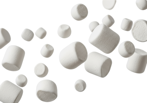 White fluffy marshmallows of various sizes, soft and porous, in freefall with motion blur and sharp focus against a transparent background with copy space, dynamic confectionery concept