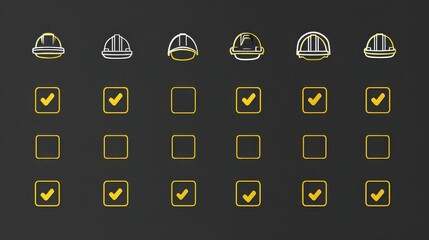 Safety checklist with hardhat icons and checkmarks on a dark background