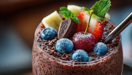 Close-up of a vibrant, healthy smoothie bowl with toppings of fruit, chocolate, and mint