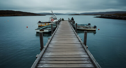 Serene Dock and Boat: A wooden dock extends into calm, azure waters, where a small fishing boat rests, inviting contemplation. The tranquil scene, under an overcast sky.