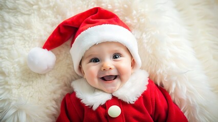 An adorable, happy baby wearing a santa hat and red suit, lying on a fluffy white blanket, with a wide, joyful smile, perfectly capturing the magic and innocence of christmas