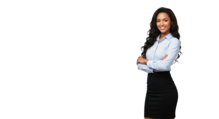 Young ethnically ambiguous mixed-race woman with long dark wavy hair, in crisp light blue shirt and black pencil skirt, confident smile, arms crossed, 3/4 view against transparent studio background