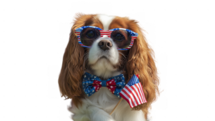 Dog in shades and tie bow, with flag, created with AI, PNG