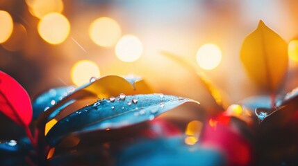 Dew droplets glisten on vibrant leaves during a serene evening