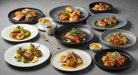 Various Plate Food Dishes on Neutral Background for Restaurant Menu