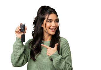 Happy woman holding and pointing to car keys isolated on a transparent background