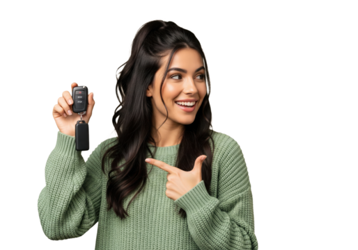 Happy woman holding and pointing to car keys isolated on a transparent background