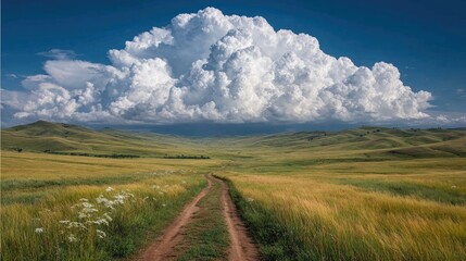 Obraz premium Vast, grassy plain with a dirt road leading to a massive cumulus cloud