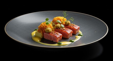 Gourmet Food Presentation on Dark Plate Culinary Delights