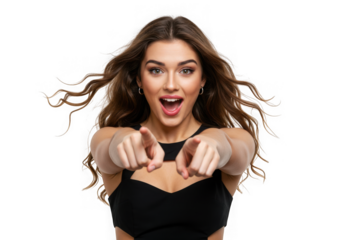 Excited woman points directly at camera with open mouth