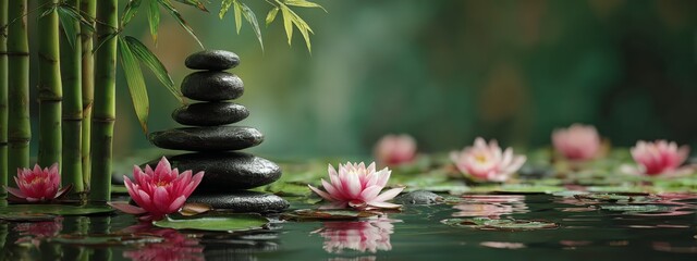 zen stones on a background of water and bamboo and lotus flowers. Generative AI,