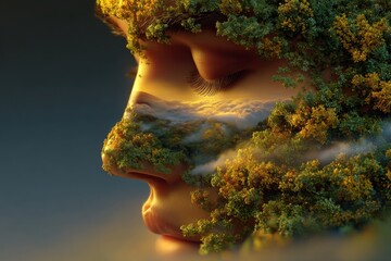 Harmony of Nature and Humanity A Serene Face Embellished with Lush Greenery and Misty Mountains