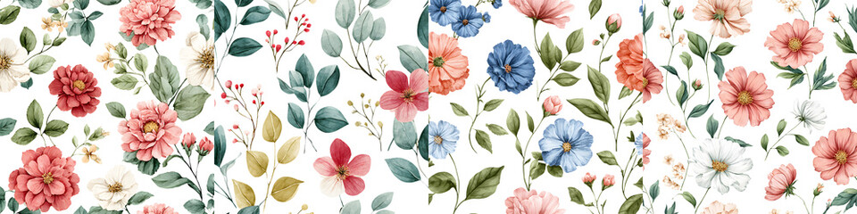 Floral Watercolor Pattern, Seamless Background with Flowers and Leaves