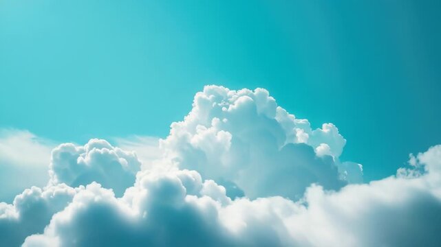 A small plane flying through fluffy white clouds against a bright blue sky