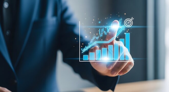 Businessman interacting with futuristic financial growth chart display