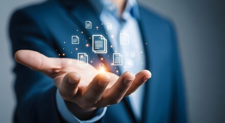 Businessman s hand displaying digital document icons and data