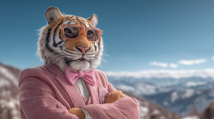 Tiger in Stylish Suit withMountain Backdrop