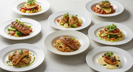 Various Gourmet Meal Dishes Served on Plates in Restaurant