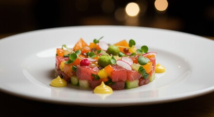 Gourmet Food Plating Tartare with Vegetables on White Plate