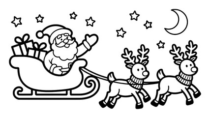 Santa Claus riding sleigh pulled by reindeer under starry night sky gifts