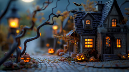 Spooky Halloween Scene wit Pumpkins and Lanterns