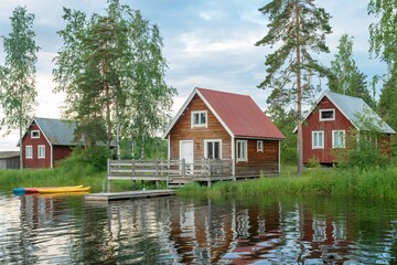 Tranquil Lakeside Cabins Amid Lush Forest With Boats and Calm Water Views