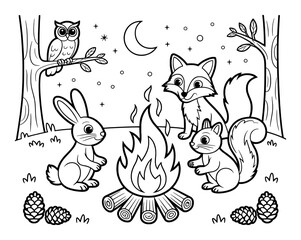 Woodland creatures gather around a campfire under the moon squirrel rabbit
